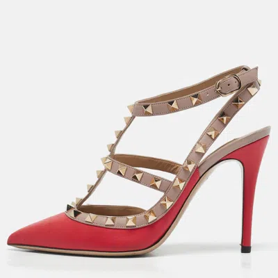 Pre-owned Valentino Garavani Red/beige Leather Rockstud Caged Pumps Size 36.5