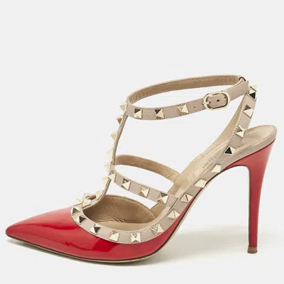 Pre-owned Valentino Garavani Red/beige Patent And Leather Rockstud Ankle Strap Pumps Size 38