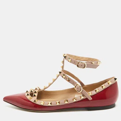 Pre-owned Valentino Garavani Red/beige Patent And Leather Rockstud Ballet Flats Size 38.5