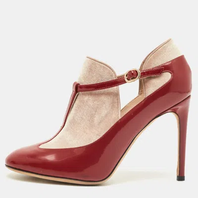 Pre-owned Valentino Garavani Red/beige Patent Leather And Velvet T-strap Pumps Size 36.5