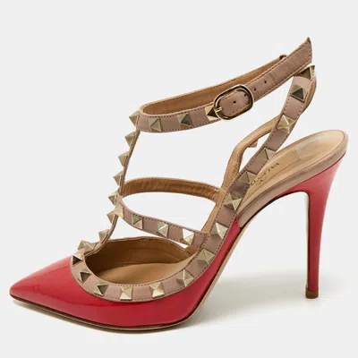 Pre-owned Valentino Garavani Red/beige Patent Leather Rockstud Ankle Strap Pumps Size 37.5