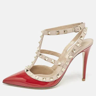 Pre-owned Valentino Garavani Red/beige Patent Leather Rockstud Caged Ankle Strap Pumps Size 37