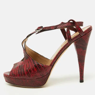 Pre-owned Valentino Garavani Red/black Lizard Leather Ankle Strap Platform Sandals Size 38.5