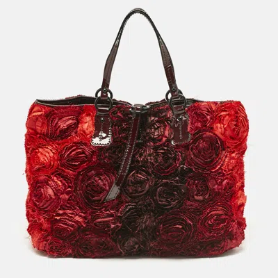 Pre-owned Valentino Garavani Red/burgundy Nylon Large Flower Applique Tote