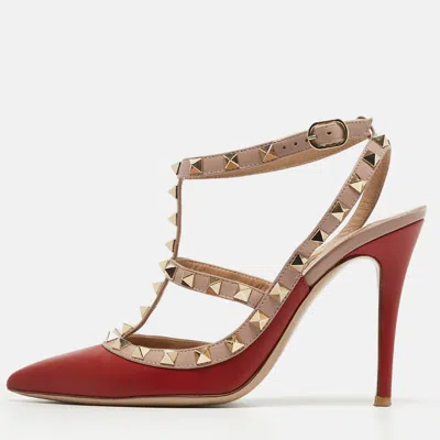 Pre-owned Valentino Garavani Red/dusty Pink Leather Rockstud Ankle Strap Pumps Size 37