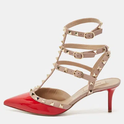 Pre-owned Valentino Garavani Red/dusty Pink Patent And Leather Rockstud Caged Pumps Size 38