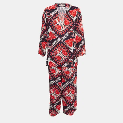 Pre-owned Valentino Red/navy Blue Manifesto Bandana Print Silk Top And Pants Set M