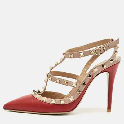 Pre-owned Valentino Garavani Red/pink Leather Rockstud Ankle Strap Pumps Size 37