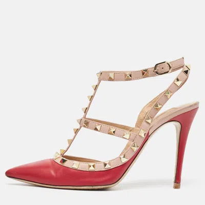 Pre-owned Valentino Garavani Red/pink Leather Rockstud Ankle Strap Pumps Size 39