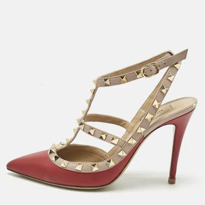 Pre-owned Valentino Garavani Red/pink Leather Rockstud Caged Pumps Size 38