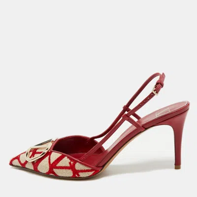 Pre-owned Valentino Garavani Red/white Canvas And Leather Vlogo Slingback Pumps Size 40