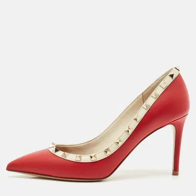 Pre-owned Valentino Garavani Red/white Leather Rockstud Pumps Size 38.5