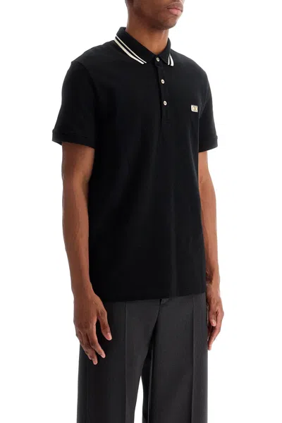Valentino Cotton Piqué Polo Shirt With V-logo Patch In Black