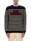 Valentino Striped Crewneck Sweater With Ribbed Finish In Black