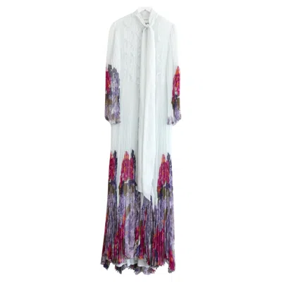 Pre-owned Valentino Resort 2020 Women's Floral Pleated Silk Chiffon Gown It42 In Gray
