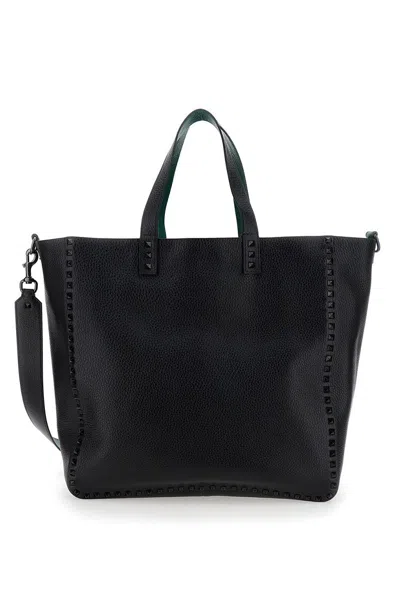 Valentino Garavani Reversible Tote Bag With Studs In Grained Leather In Multicolor