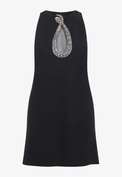 Valentino Rhinestone Embellished Wool And Silk Mini Dress In Black