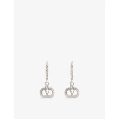 Valentino Garavani Rhodium/crystal Vlogo Signature Oval Strass Drop Hoop Earrings In Metallic