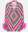 Valentino Geometric-print Feather-trim Shirt In Multicolor