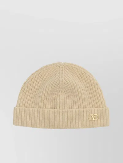 Valentino Garavani Ribbed Cashmere Beanie Hat With Turn-up Brim In Beige O Tan