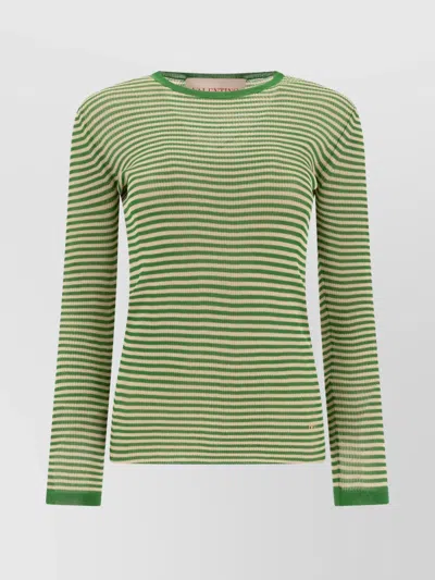 Valentino Ribbed Crew Neck Striped Long Sleeve Tops In Green