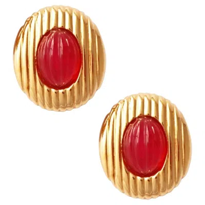 Pre-owned Valentino Garavani Ribbed Gold And Ruby Glass Earrings By Valentino, 1980s In Multi
