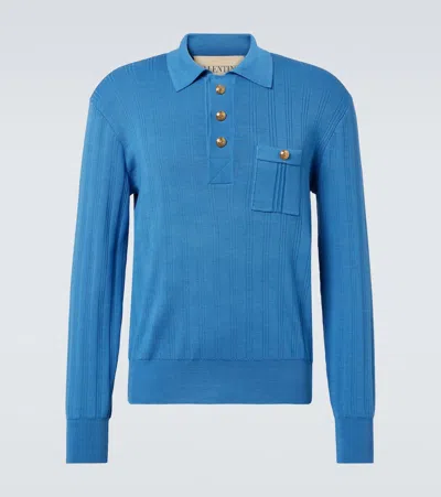 Valentino Ribbed-knit Cotton Polo Sweater In Blue