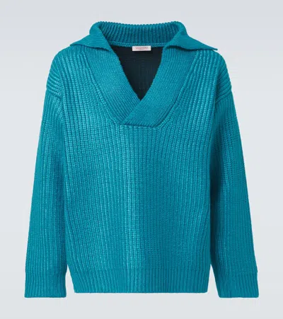 スウェット・トレーナー VALENTINO SKY BLUE SILK SWEATER Valentino Silk-blend Spread-collar Sweater In Blue | ModeSens