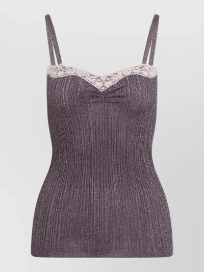 Valentino Ribbed Lace Top Adjustable Straps Bow In Purple