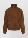 Valentino Ribbed Lambskin Suede Leather Jacket With Stand-up Collar In Brown