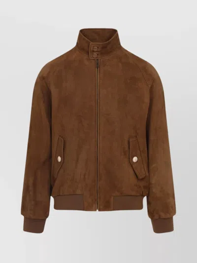 Valentino Ribbed Lambskin Suede Leather Jacket With Stand-up Collar In Brown