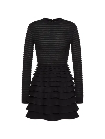 Valentino Ribbed-tiered Mini Dress In Black