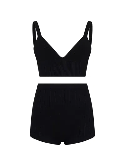 Valentino Ribbed V-neck Top And Shorts Set In Black