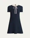 Valentino Ribbon Ruffle-trim Knit Mini Dress In Blue