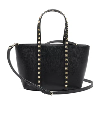 Valentino Garavani Rockstud Mini Tote In Hammered Leather In Black
