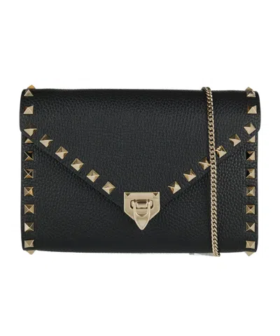 Valentino Garavani Small Rockstud Leather Chain Wallet In Black