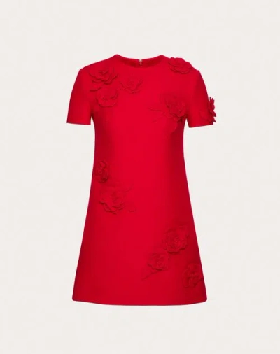 Valentino Flower Embroidered Short-sleeve Crepe Couture Mini Dress In Red