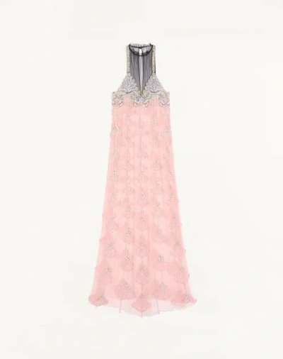Valentino Robe Longue En Tulle Illusione Brodé Femme Rose/argent 42 In Multi