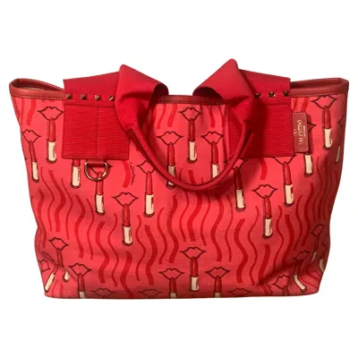 Pre-owned Valentino Garavani Valentino Rock Stud Canvas And Leather Bag, Zandra Rhodes Lipstick Wave Print In Red