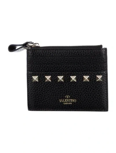 Pre-owned Valentino Garavani Rockmance Accents Leather Card Holder In Black