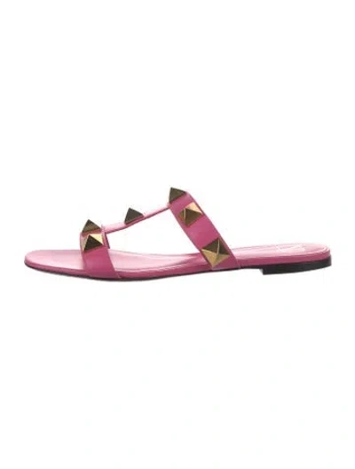Pre-owned Valentino Garavani Rockmance Accents Leather Slides In Pink
