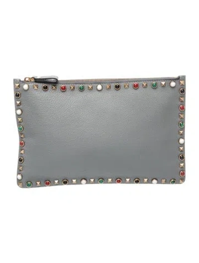 Pre-owned Valentino Garavani Rockmance Clutch In Gray