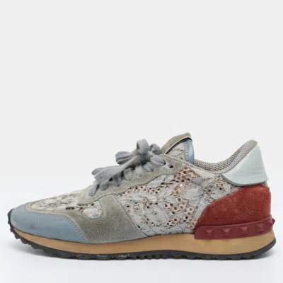 Pre-owned Valentino Garavani Rockrunner Size 35 Blue/maroon Lace Leather And Suede Low Top Sneakers