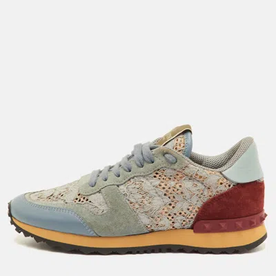 Pre-owned Valentino Garavani Rockrunner Size 36 Blue/maroon Lace Leather And Suede Low Top Sneakers