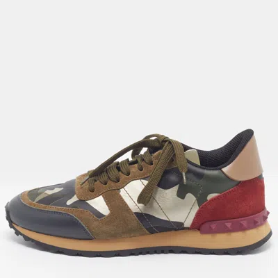 Pre-owned Valentino Garavani Rockrunner Size 37.5 Multicolor Camouflage Canvas And Suede Low Top Sneakers