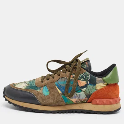 Pre-owned Valentino Garavani Rockrunner Size 39 Multicolor Camouflage Leather And Suede Low Top Sneakers
