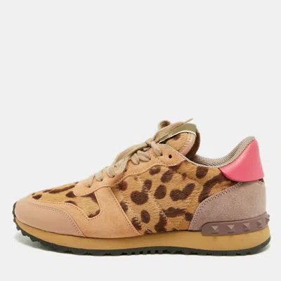 Pre-owned Valentino Garavani Rockrunner Size 39 Multicolor Leopard Print Calf Hair Leather And Suede Low Top Sneakers
