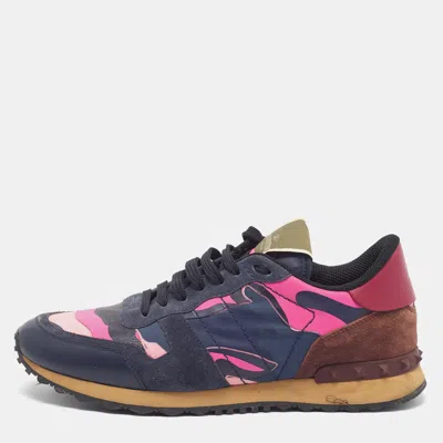 Pre-owned Valentino Garavani Rockrunner Size 42.5 Tricolor Camouflage Canvas And Suede Lace Up Sneakers In Navy Blue