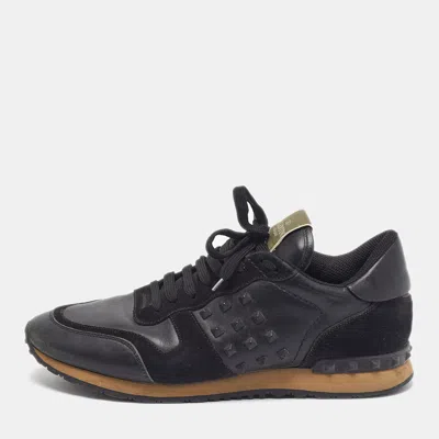 Pre-owned Valentino Garavani Rockrunner Size 44 Black Leather And Suede Lace Up Sneakers