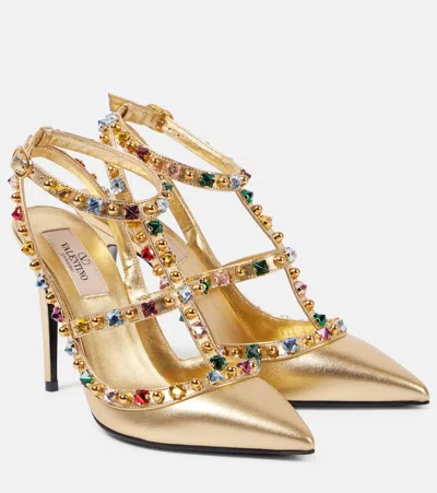 Valentino Garavani Rockstud 100 Embellished Leather Pumps In Gold